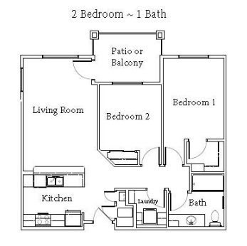 Floor plan for 2 beds, 1 bath, 908 sqft